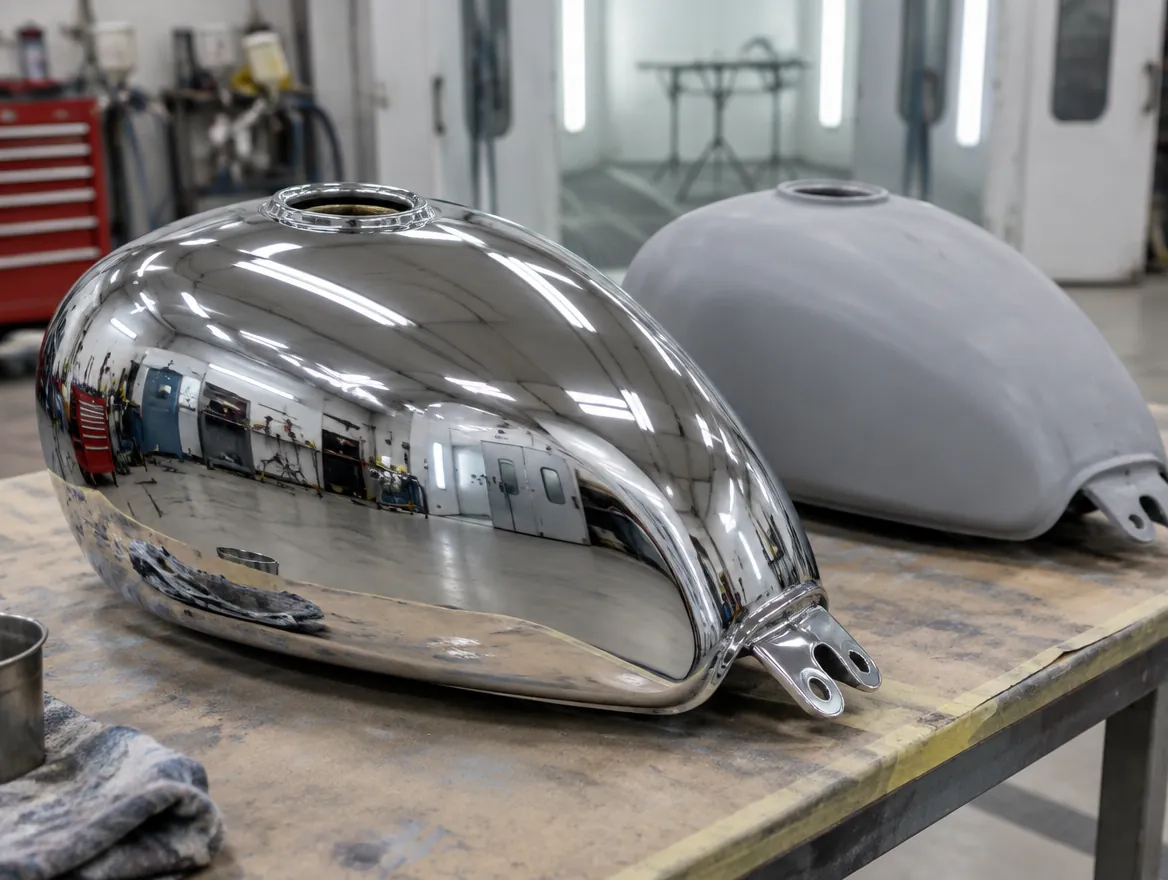 A chrome-sprayed motorbike fuel tank next to one in grey primer